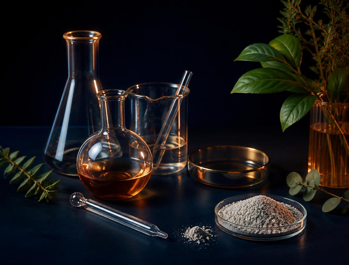 Amber laboratory glassware, botanical leaves, and mineral powder arranged on a dark surface